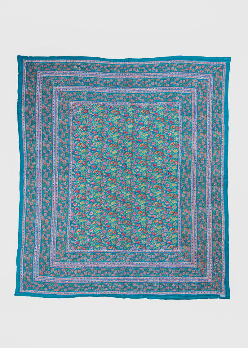 Summerdrops Teal Hand Block Printed Cotton Bed Quilt
