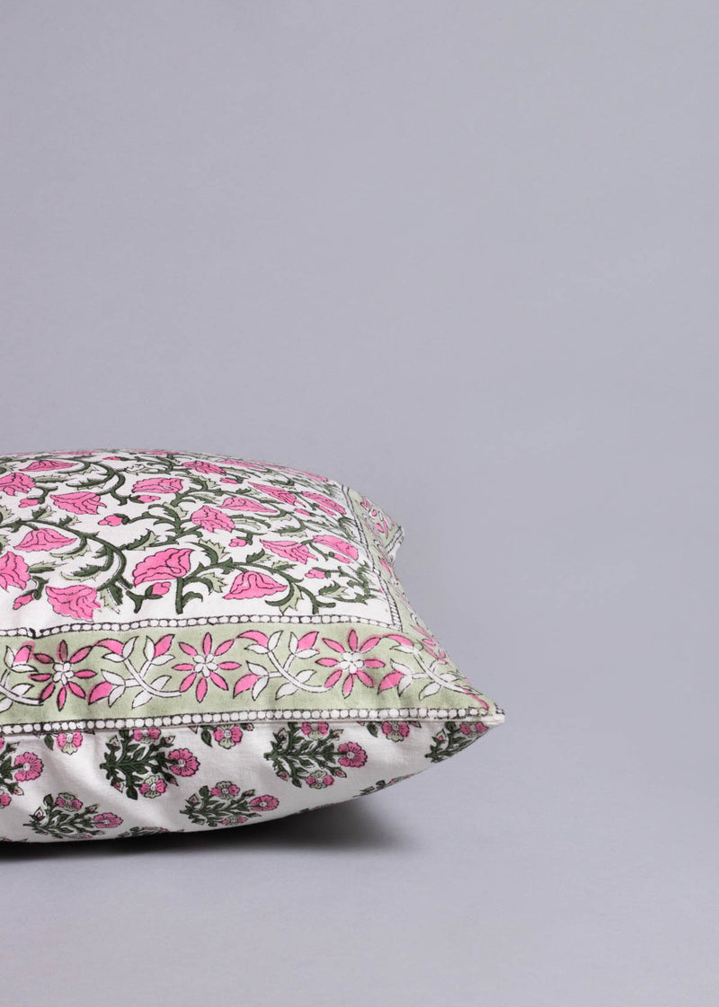 A Lush Pink Garden Hand Block Printed Cushion Cover