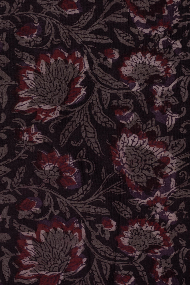 Every Whither We Bloom Brown Chanderi Hand Block Printed Fabric