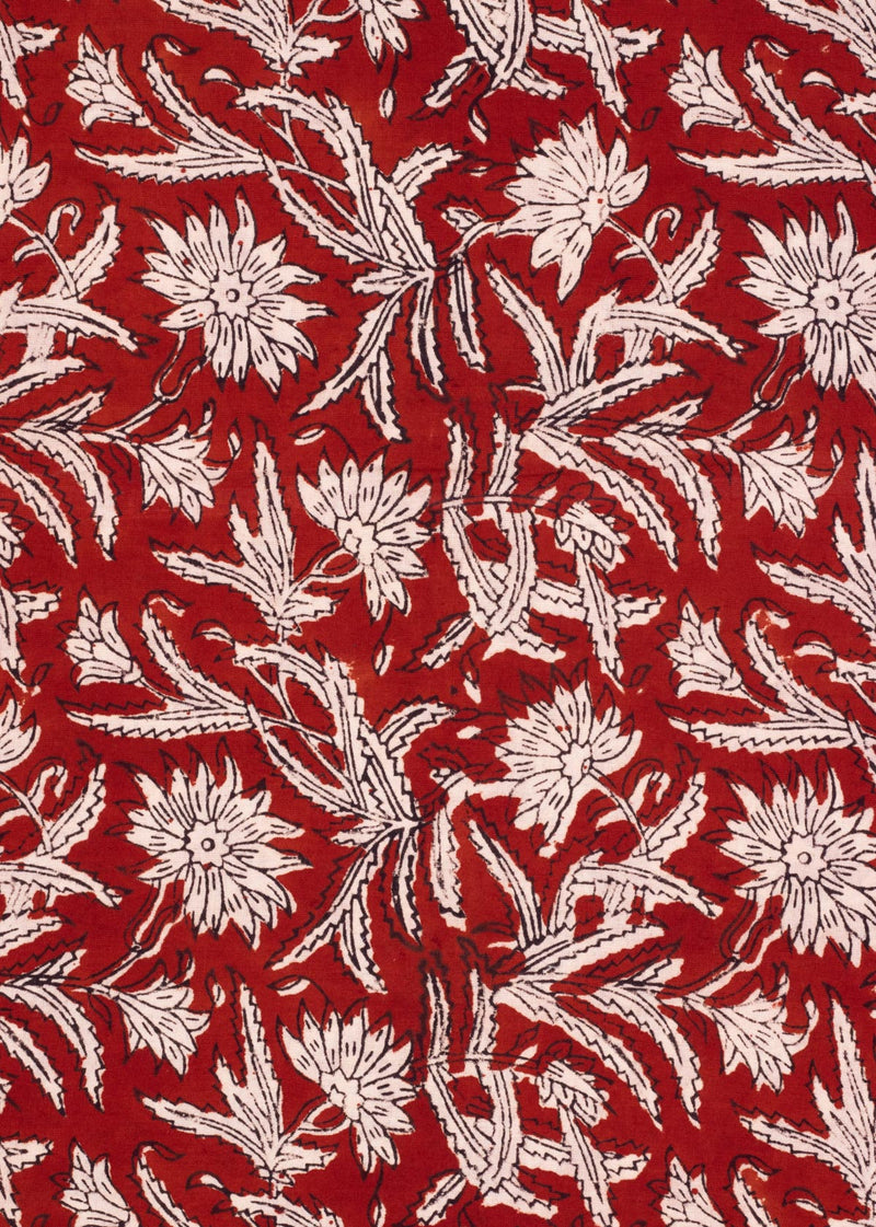 Chrysanthemum Carmine Cotton Hand Block Printed Fabric (1.00 Meter)