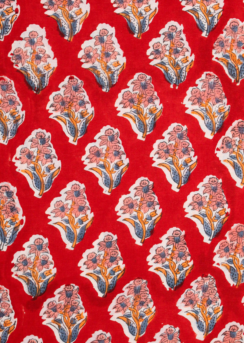 Moments in May Red Cotton Hand Block Printed Fabric (1.40 Meter)