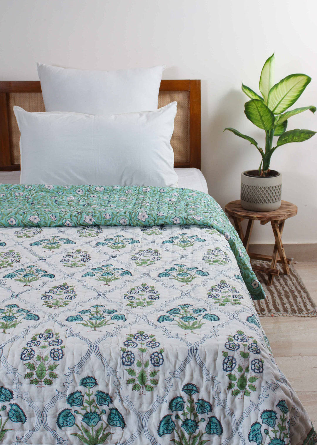 Teal Tomorrow Cotton Hand Block Printed Bed Quilt