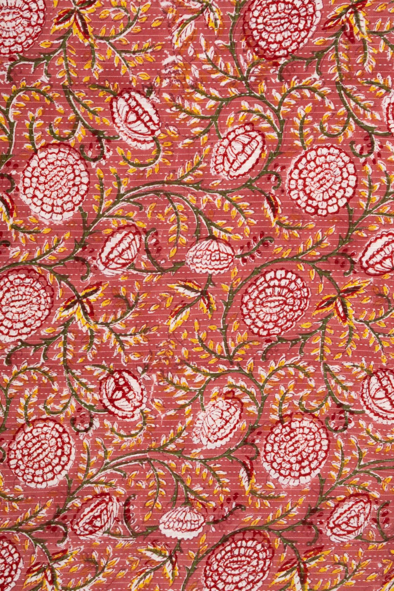 Sanguine Red Cotton Hand Block Printed Kantha Fabric