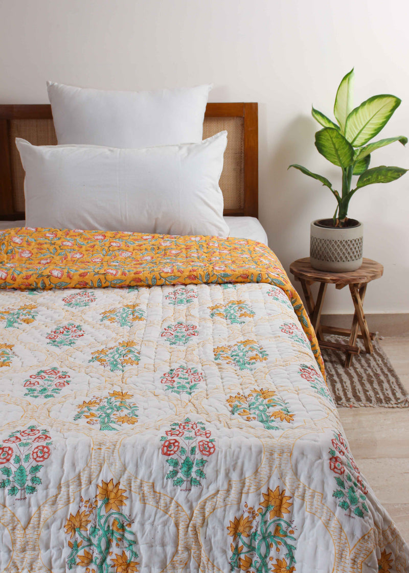 Sun Bloom Hand Block Printed Cotton Bed Quilt