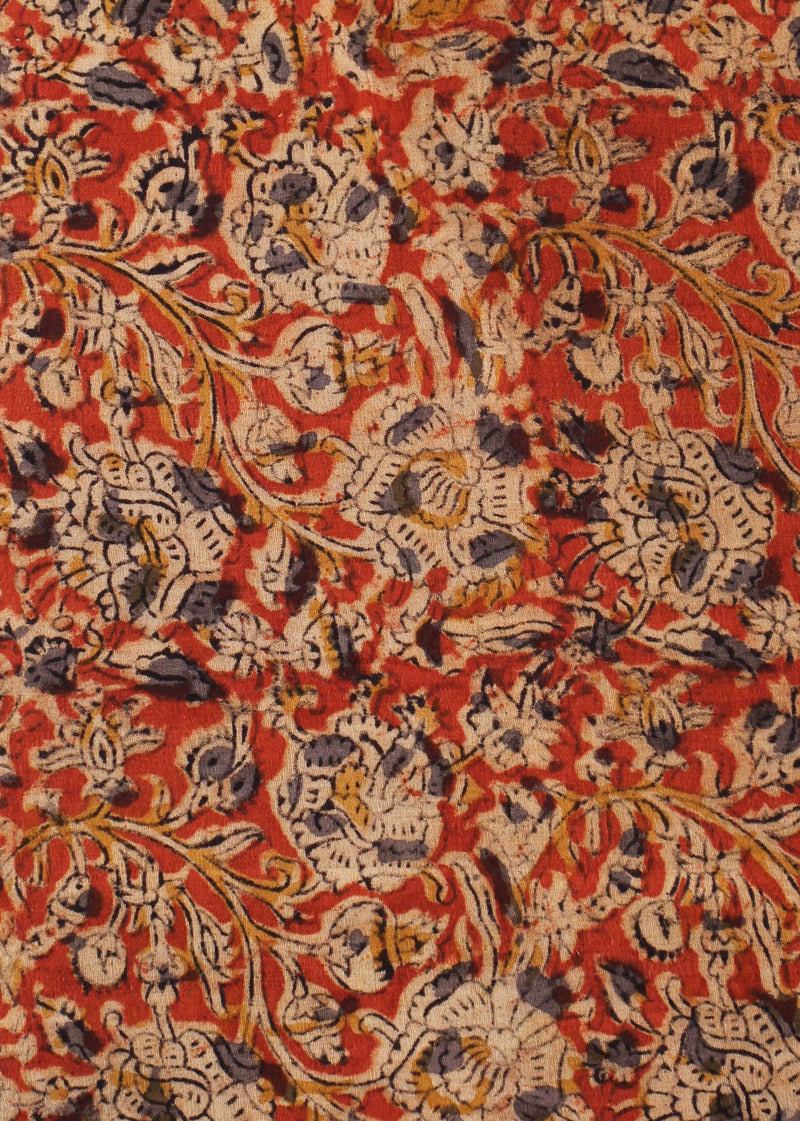 Wild Weeds of Wonder Rust Cotton Kalamkari Hand Block Printed Fabric (1.80 Meter)
