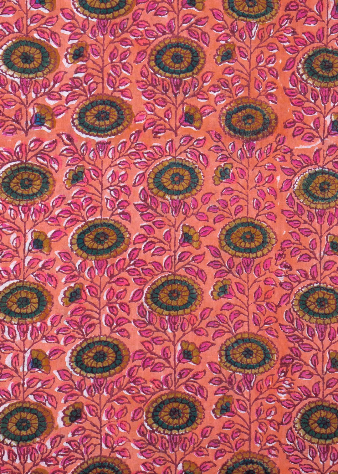 "  Sun Bloom Peach Mulmul Hand Block Printed Fabric "