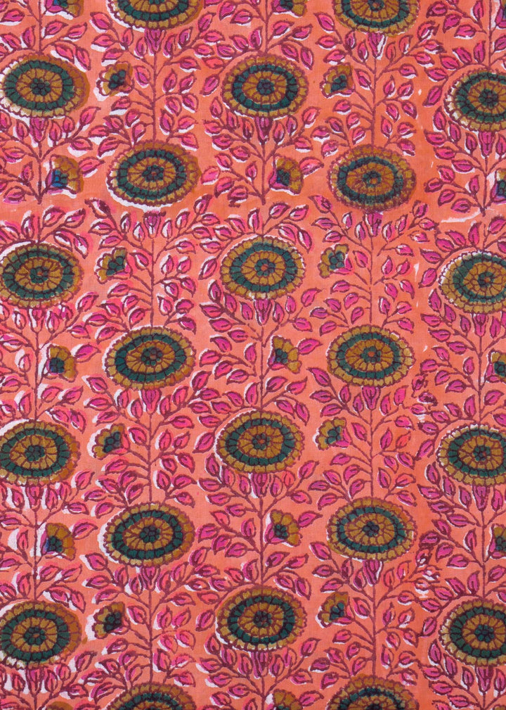 "  Sun Bloom Peach Mulmul Hand Block Printed Fabric "