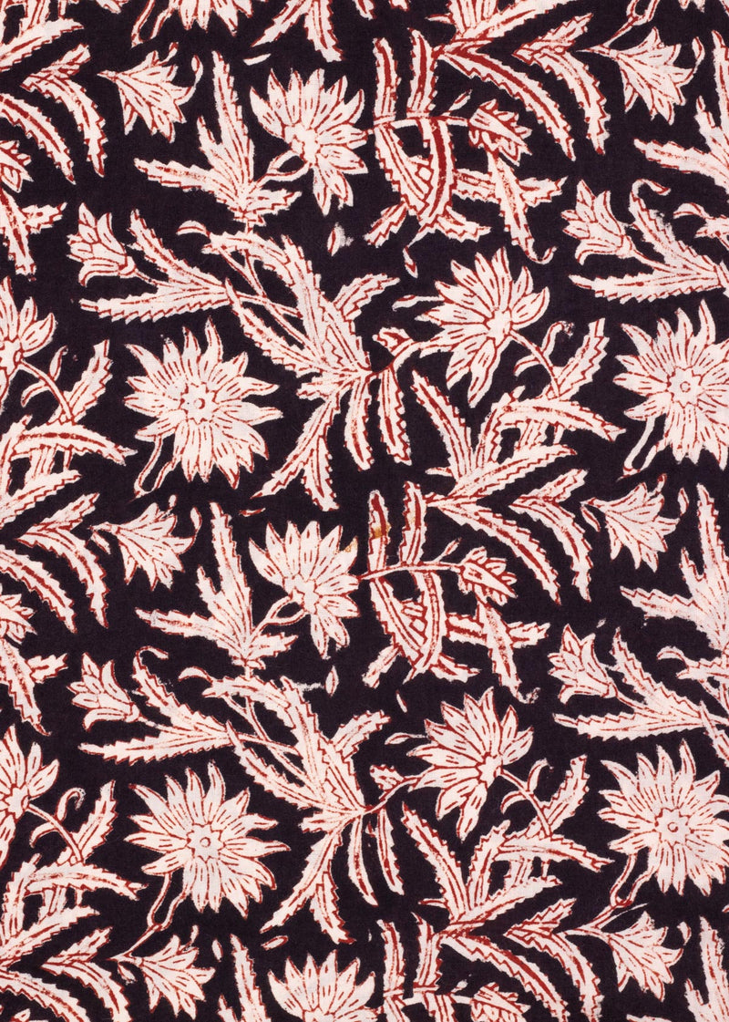 Chrysanthemum Black Cotton Hand Block Printed Fabric