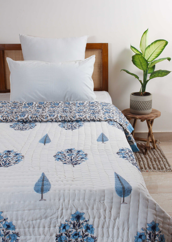 Farmhouse Blue Cotton Hand Block Printed Bed Quilt