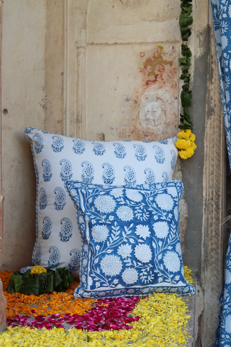 Eden of Blues Cotton Hand Block Printed cushion Cover