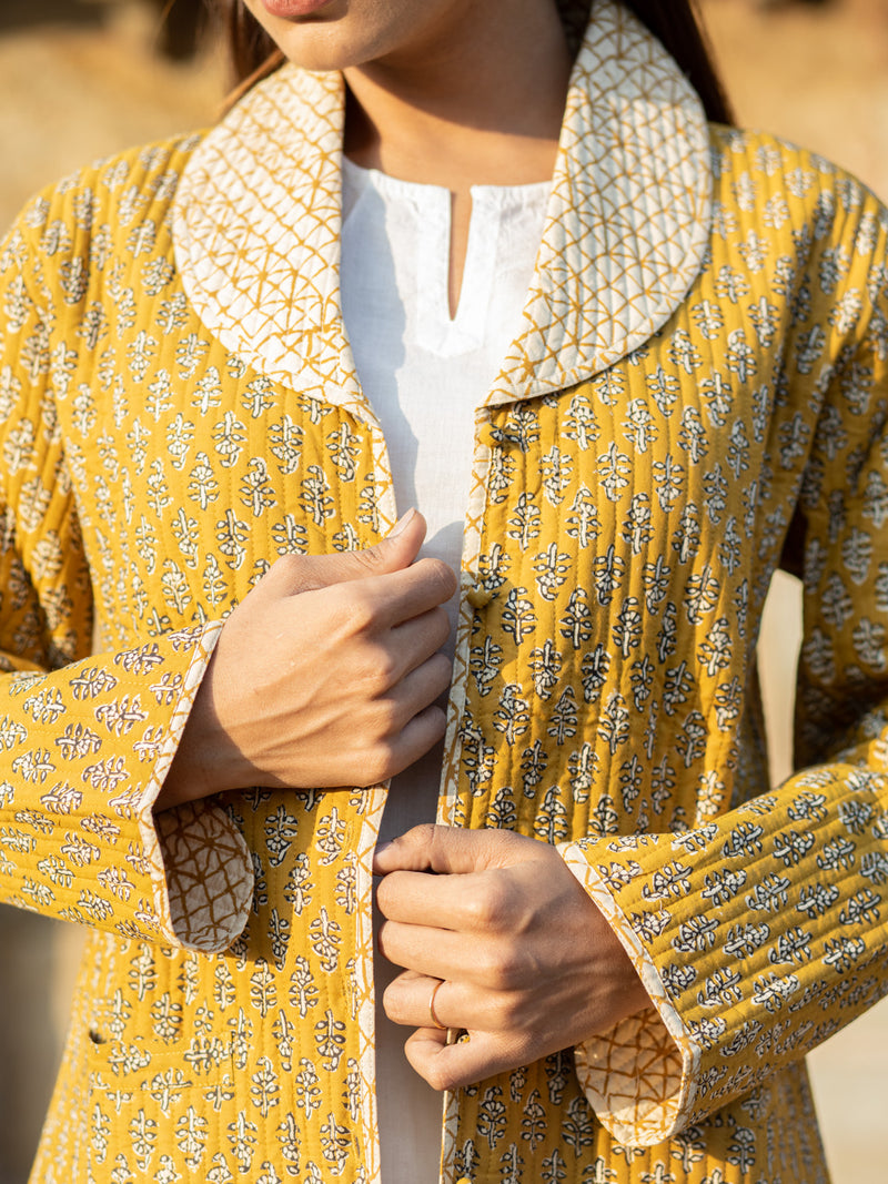 Cotton Quilted Mustard Medley Reversible Hand Block Print Women’s Jacket