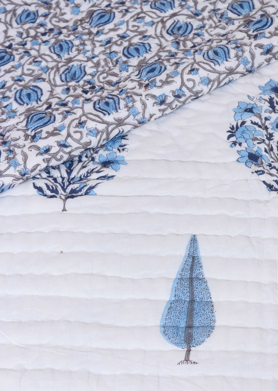 Farmhouse Blue Cotton Hand Block Printed Bed Quilt