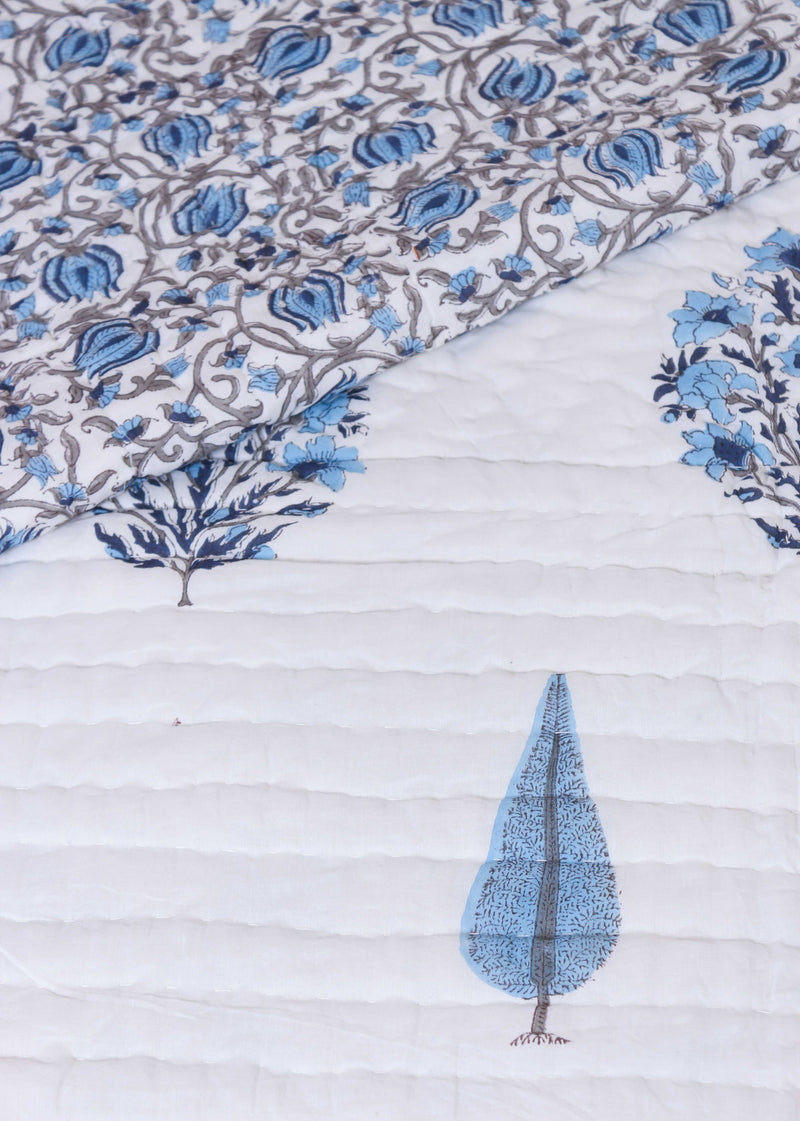 Farmhouse Blue Cotton Hand Block Printed Bed Quilt