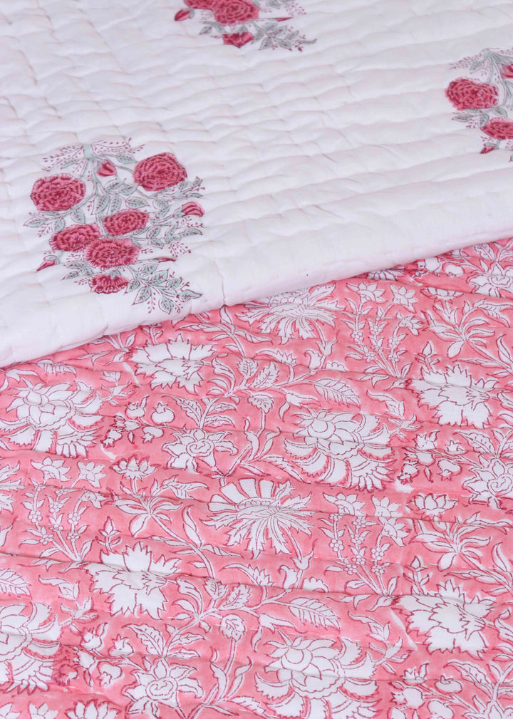 Blush Morning Cotton Hand Block Printed Bed Quilt