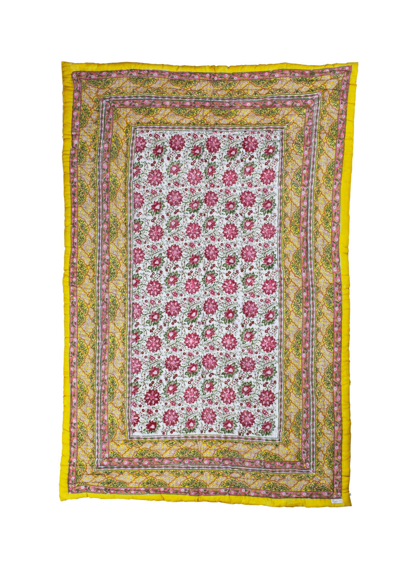 Yellow Vines Hand Block Printed Cotton Bed Quilt