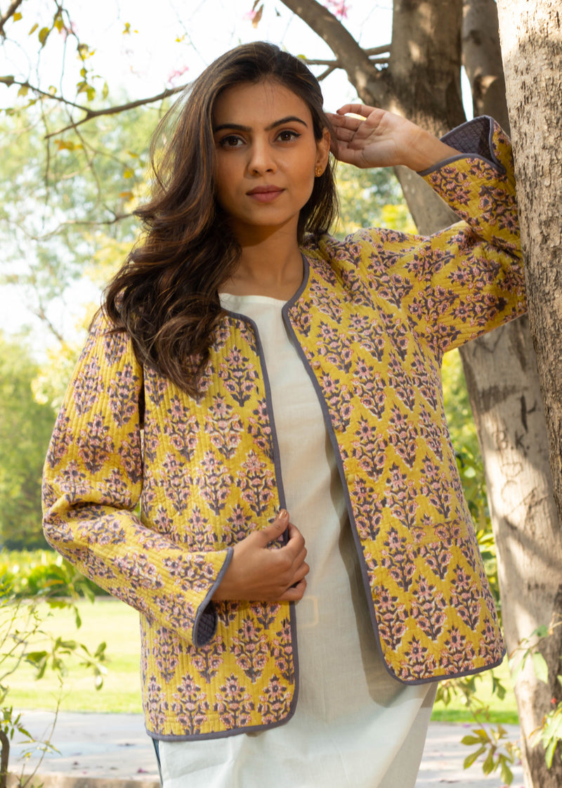 Cotton Quilted  Spring Yellow Hand   Reversible Hand Block Print Women’S Jacket