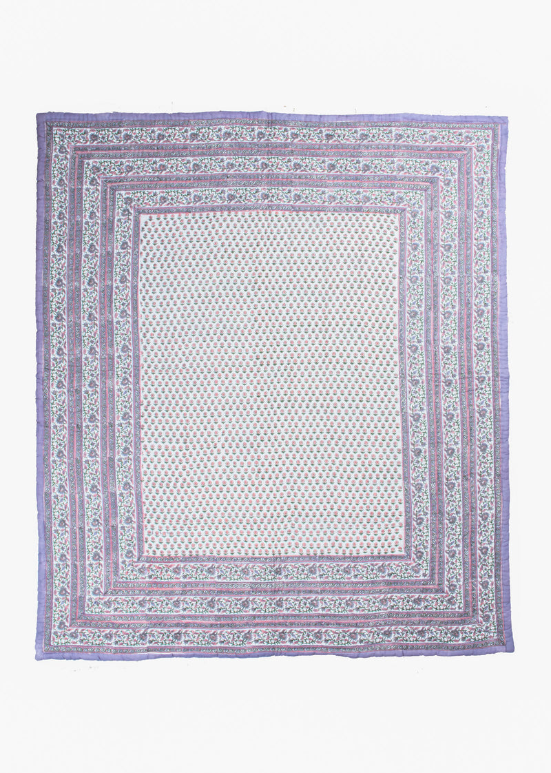 Blueberry Lines Hand Block Printed Cotton Bed Quilt