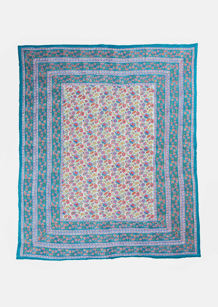 Summerdrops Teal Hand Block Printed Cotton Bed Quilt