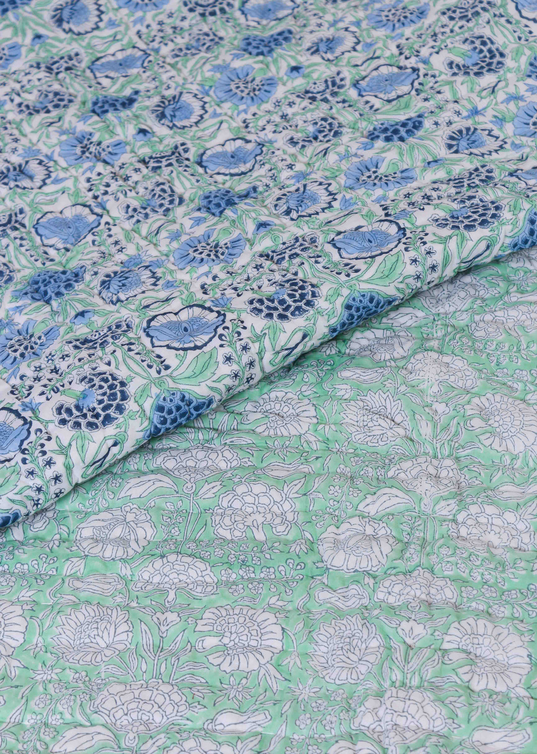 Aqua Romance Hand Block Printed Cotton Bed Quilt