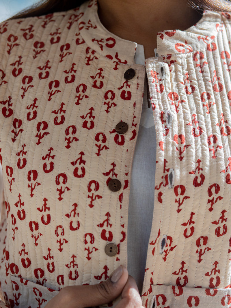 Cotton Quilted Petrichor Reversible Hand Block Print Women’s Long Jacket