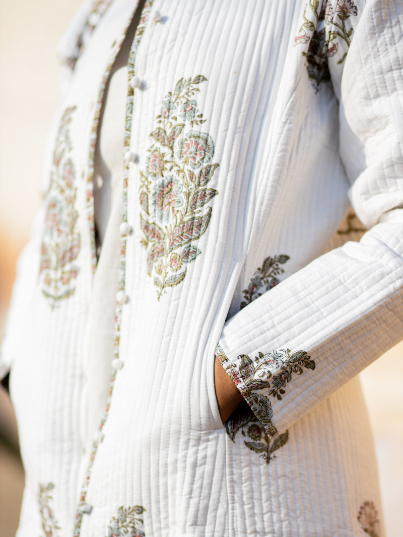 Cotton Quilted Vineyard Serenade Reversible Hand Block Print Women’s  Long Jacket/Coat