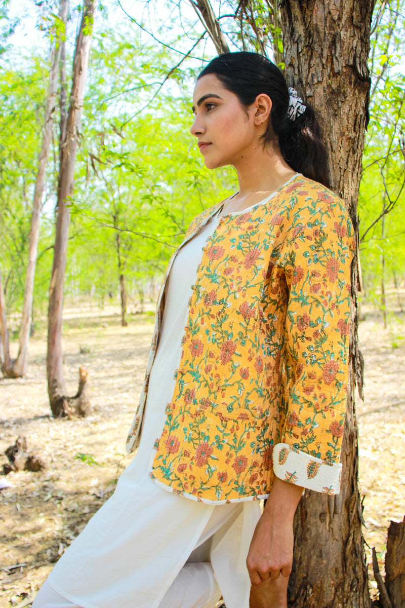 Cotton Quilted Desert Peonies Reversible Hand Block Print Women’s Jacket