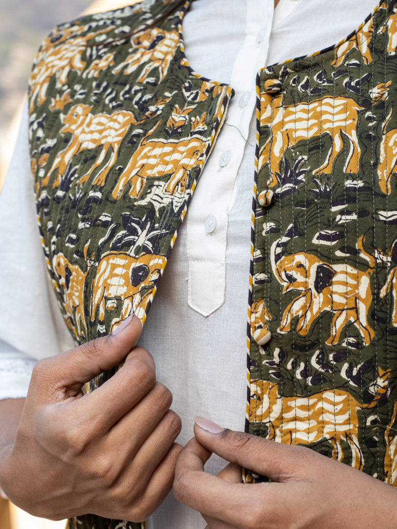 Cotton Quilted Evening Fauna Reversible Hand Block Print Women’s Jacket