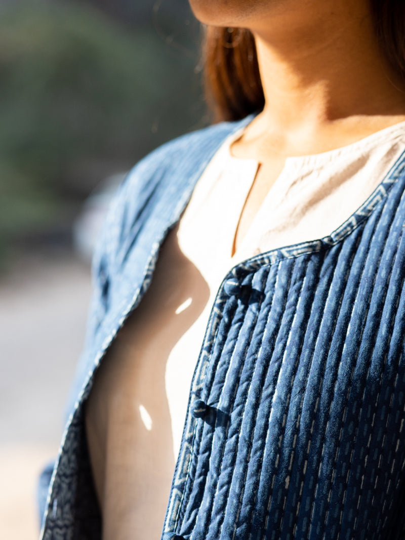 Cotton Quilted Fallen Indigo Blues Reversible Hand Block Print Women’s Jacket