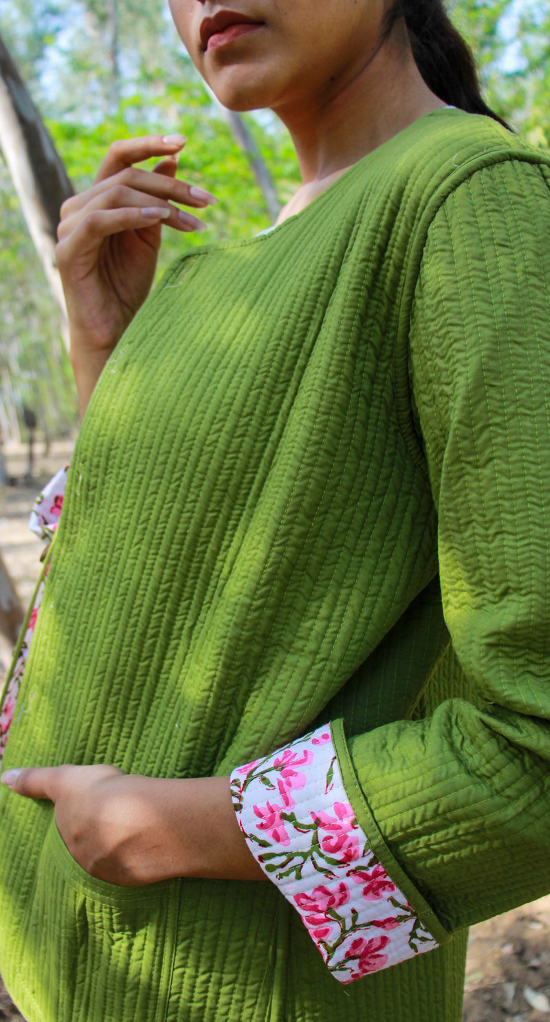 Cotton Quilted Olive Wonder Reversible Hand Block Print Women’s Jacket