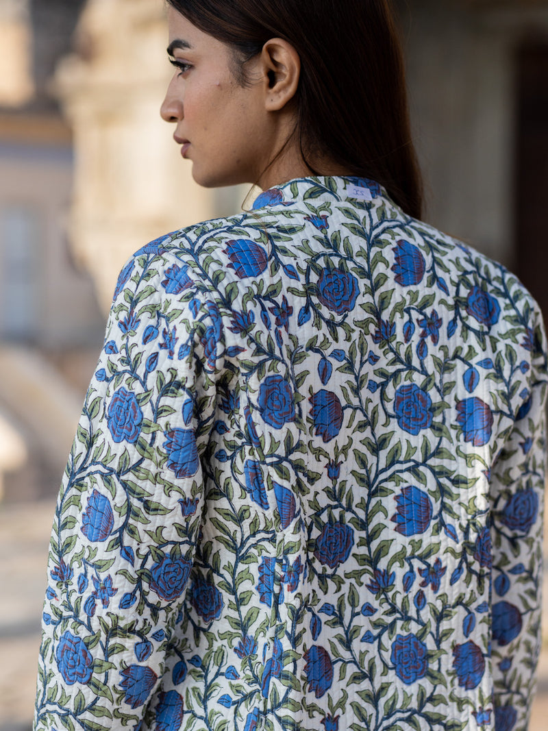 Cotton Quilted Iris Garden Reversible Hand Block Print Women’s Long Jacket