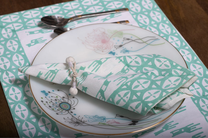 Eventide Teal  Hand Block Printed Mat Set With Table Napkins