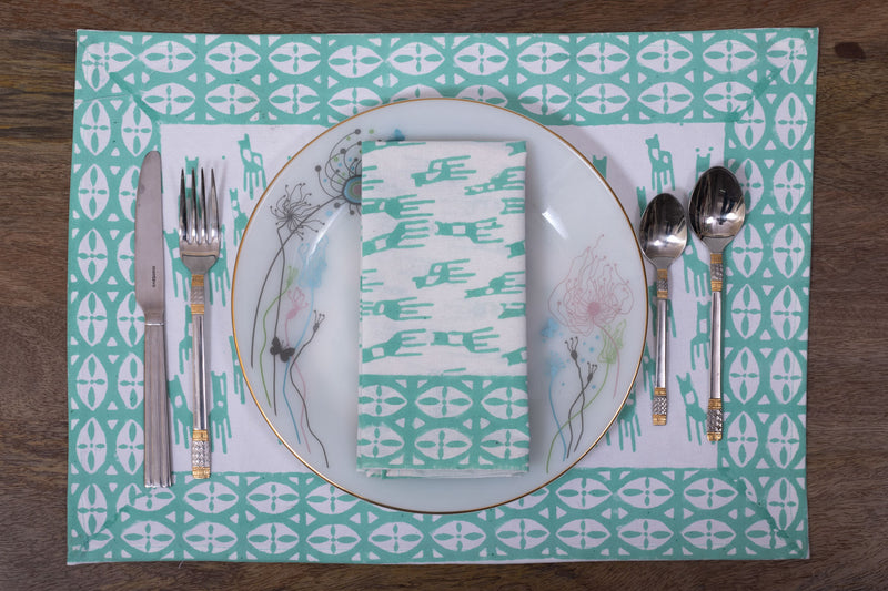 Eventide Teal  Hand Block Printed Mat Set With Table Napkins